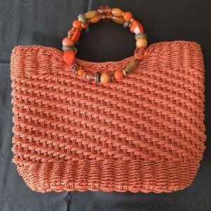 Cappelli Straworld  Straw/Beaded Ring Handles Purse Handbag Orange 2008